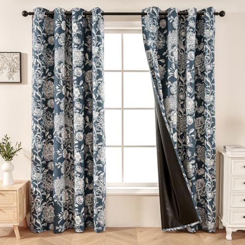 Floral Blackout Curtains 63 Inch Length 2 Panels, Vintage Peony Pattern Curtains for Bedroom Living Room, Light Blocking Thermal Curtains, Grommet Top, Blue, 52 x 63