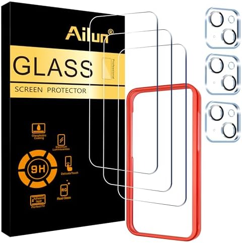 Ailun 3 Pack Screen Protector for iPhone 15 [6.1 inch] + 3 Pack Camera Lens Protector with Installation Frame,Case Friendly Tempered Glass Film,[9H Hardness] - HD