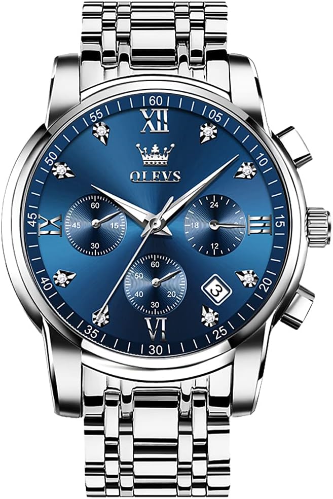 OLEVS Men's Stainless Steel Chronograph Watch, Big Face Gold Silver Black Tone Easy to Read Analog Quartz Watch, Luxury Waterproof Date Diamond Roman Arabic Numerals Dial Dress Watch for Men