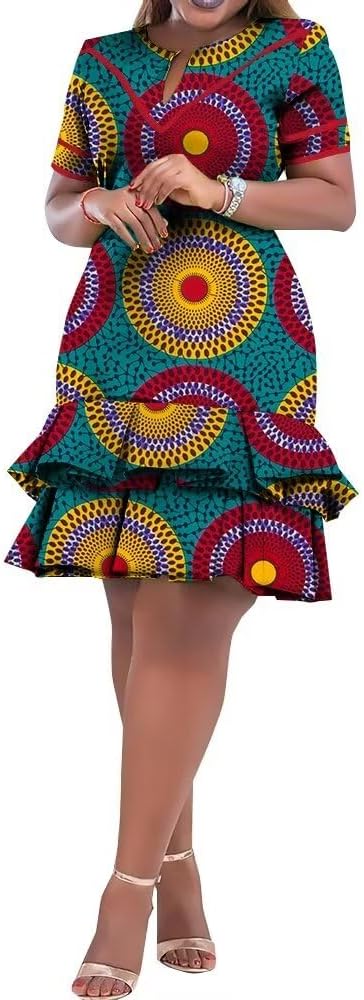 BAZINRICHE African Dresses for Women Bazin Riche Ankara Clothing Short Sleeve Dress Wax Print
