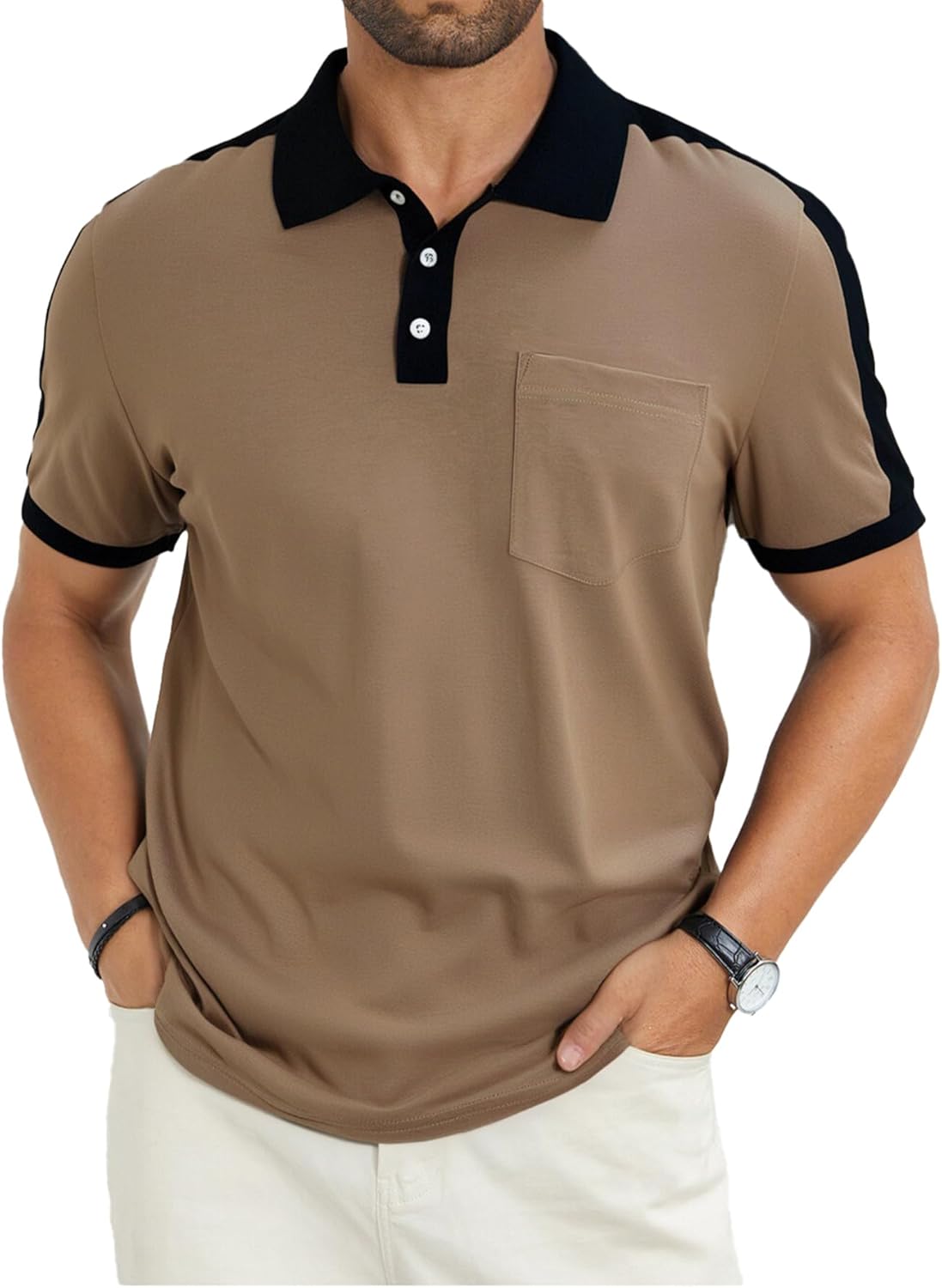 LuxMania Men's Casual Polo Shirts Short Sleeve Classic Button Shirt Fashion Cotton Golf Tops with Pocket