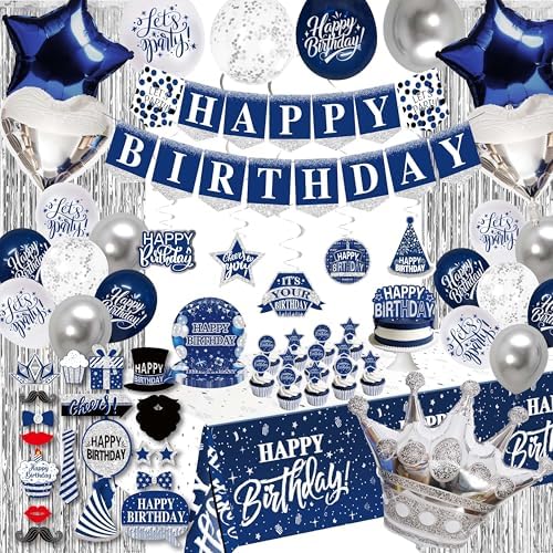 Birthday Decorations Men Blue - (Total 89pcs) blue party Banner, Pennant, Hanging Swirl, Foil Backdrops, balloons, Tablecloths, cupcake Topper, plates, Photo Props, birthday Sash for women boy