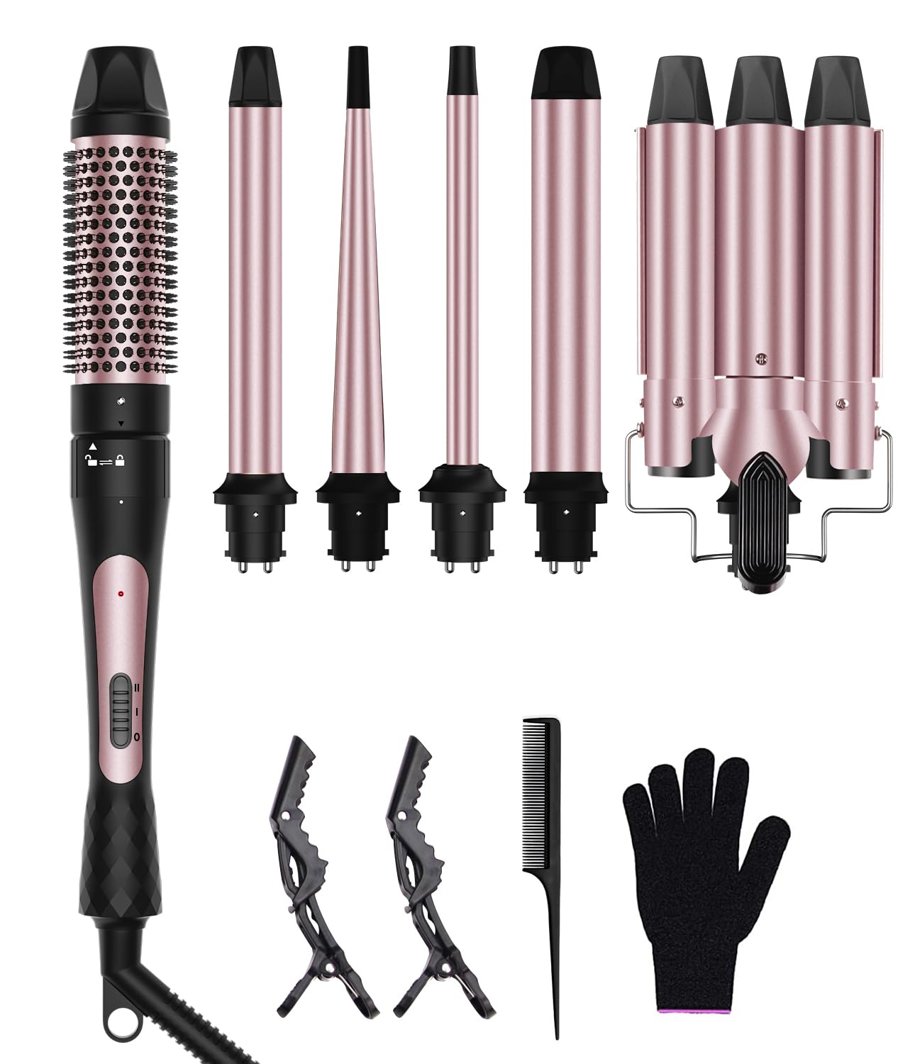 6 in 1 Wand Curling Iron Set, 3 Barrel Curling Wand Set with Thermal Brush (1.5") and 5 Interchangeable Ceramic Hair Wand Curler (0.35"-1.25"), Home Travel Multi Curl, 2 Temp 30S Instant H