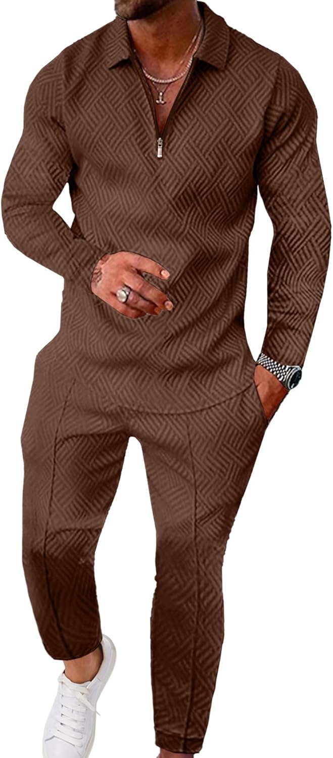 UOUA Mens 2 Piece Set Casual Outfits Polo Long Sleeve Shirt &amp; Pants Tracksuit Loungewear Athletic Jogger Sweatsuit