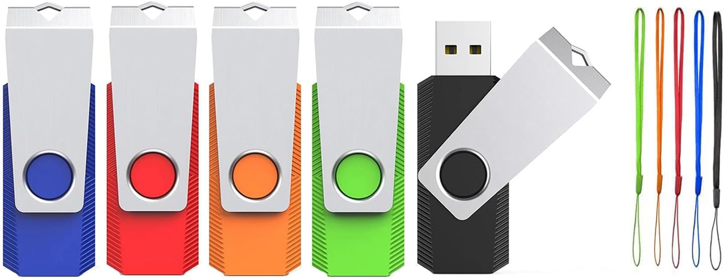 5 Pack 16GB Flash Drive, Wooolken USB 2.0 Memory Stick with Lanyards Swivel USB Stick for Data Storage and Backup (5 Mixed Colors: Black Red Blue Orange Green)