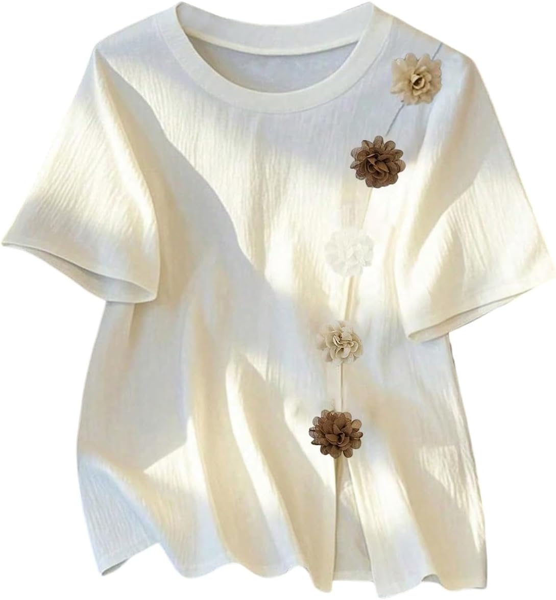 Verdusa Women's 3D Floral Textured T Shirts Short Sleeve Tops Slit Basic Tees Boho Chic Clothing