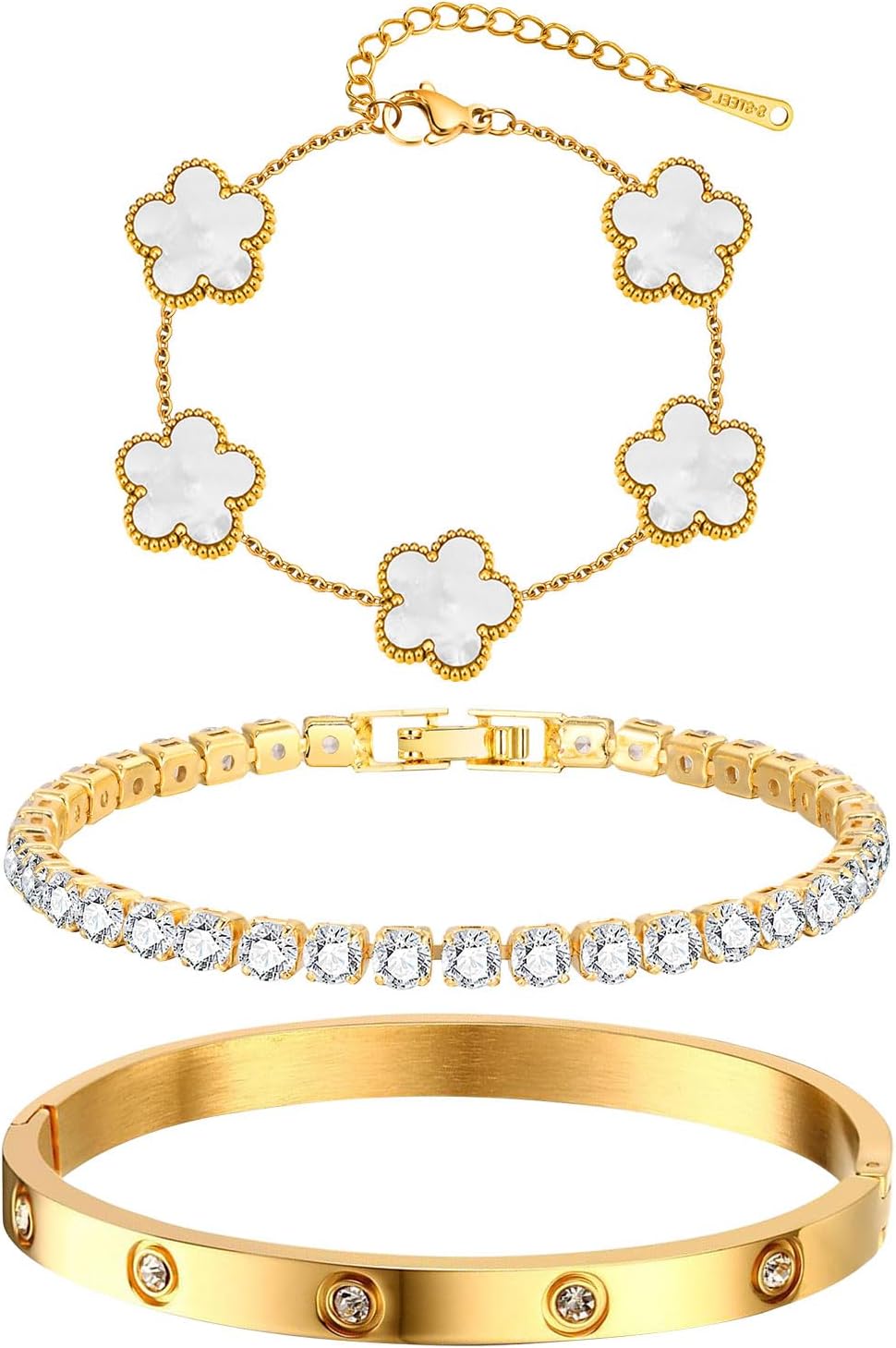 Womens Stackable Floral Gold Bracelets - 3Pcs 18K Gold Plated Bracelet,Stainless Steel Bangle Bracelets Non Tarnish, Gold Bracelet Set Trendy Jewelry,Christmas Valentines Birthday Gifts for Girlfriend