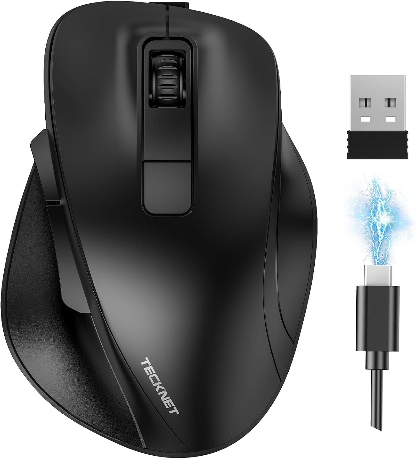 TECKNET Wireless Mouse, Bluetooth Mouse (BT5.0\/3.0 &amp; 2.4G) Rechargeable 4800 DPI Silent Mice, Computer Mice with USB A Receiver,Ergonomic Grips Optical Cordless Mice for Laptop\/Mac\/PC,Black