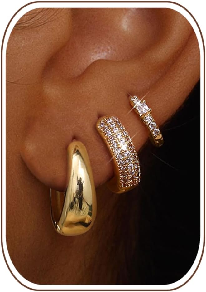 LOLIAS Small 14K Gold Plated Chunky Hoop Earrings for Women Hypoallergenic Silver Earrings Set for Sensitive Ears Non Tarnish Huggie Hoops Earring Stacks for Multiple Piercing Jewelry Lightweight 3Pai