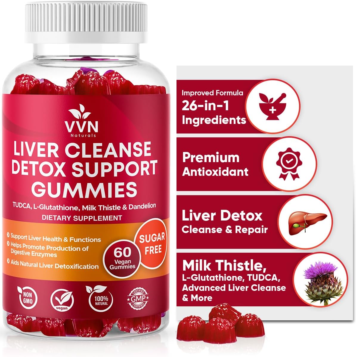 VVNaturals Sugar-Free 26-in-1 Liver Cleanse Detox &amp; Repair Fatty Liver Formula Gummies; 3000mg Blend of Glutathione, Silymarin Milk Thistle, Choline, TUDCA | Liver Detox Gummies - 60 Vegan Ct