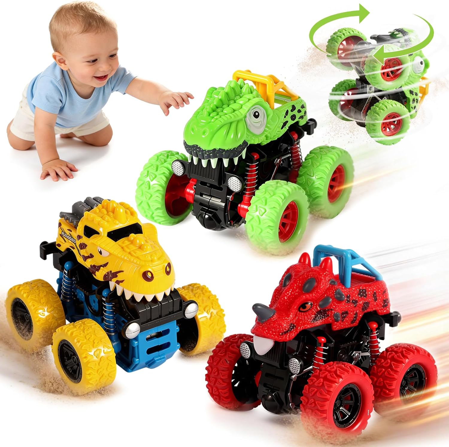 TGXLAK Dinosaur Toys for 2 3 4 5 Year Old Boys - 3 Pack Monster Truck Toys with Friction Power 360° Rotating Push and Go Cars for Toddlers Ages 2-4-6 - Boys Girls Birthday Gifts for Kids 3-5