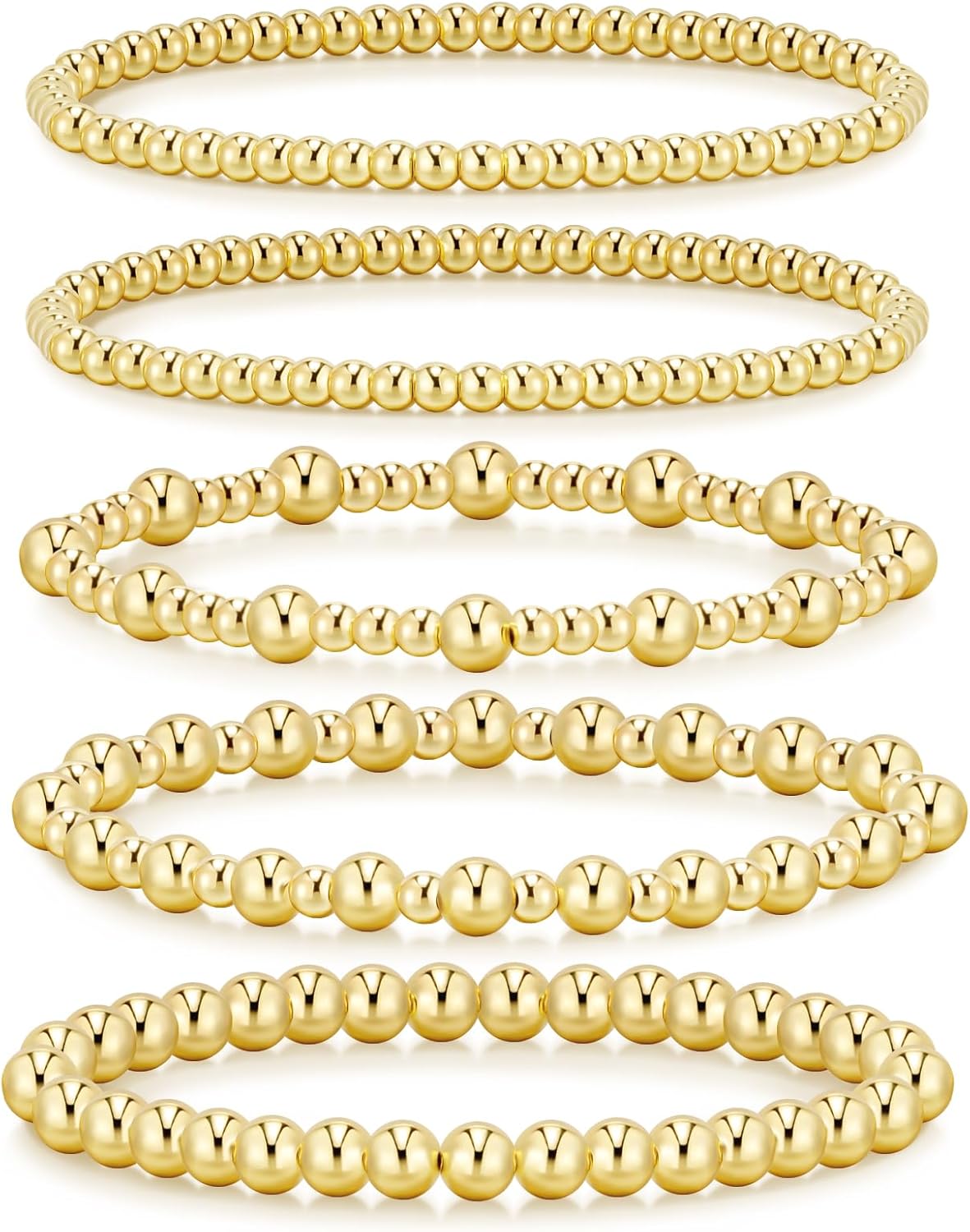 adoyi Gold Bracelets for Women Waterproof, 14K Gold Plated Beaded Strand Bead Ball Bracelets stack Adjustable Jewelry Set for Gifts