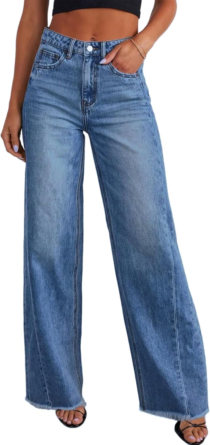 Sidefeel Women's Wide Leg Jeans High Waisted Stretchy Raw Hem Zimbaplatinum Denim Pants