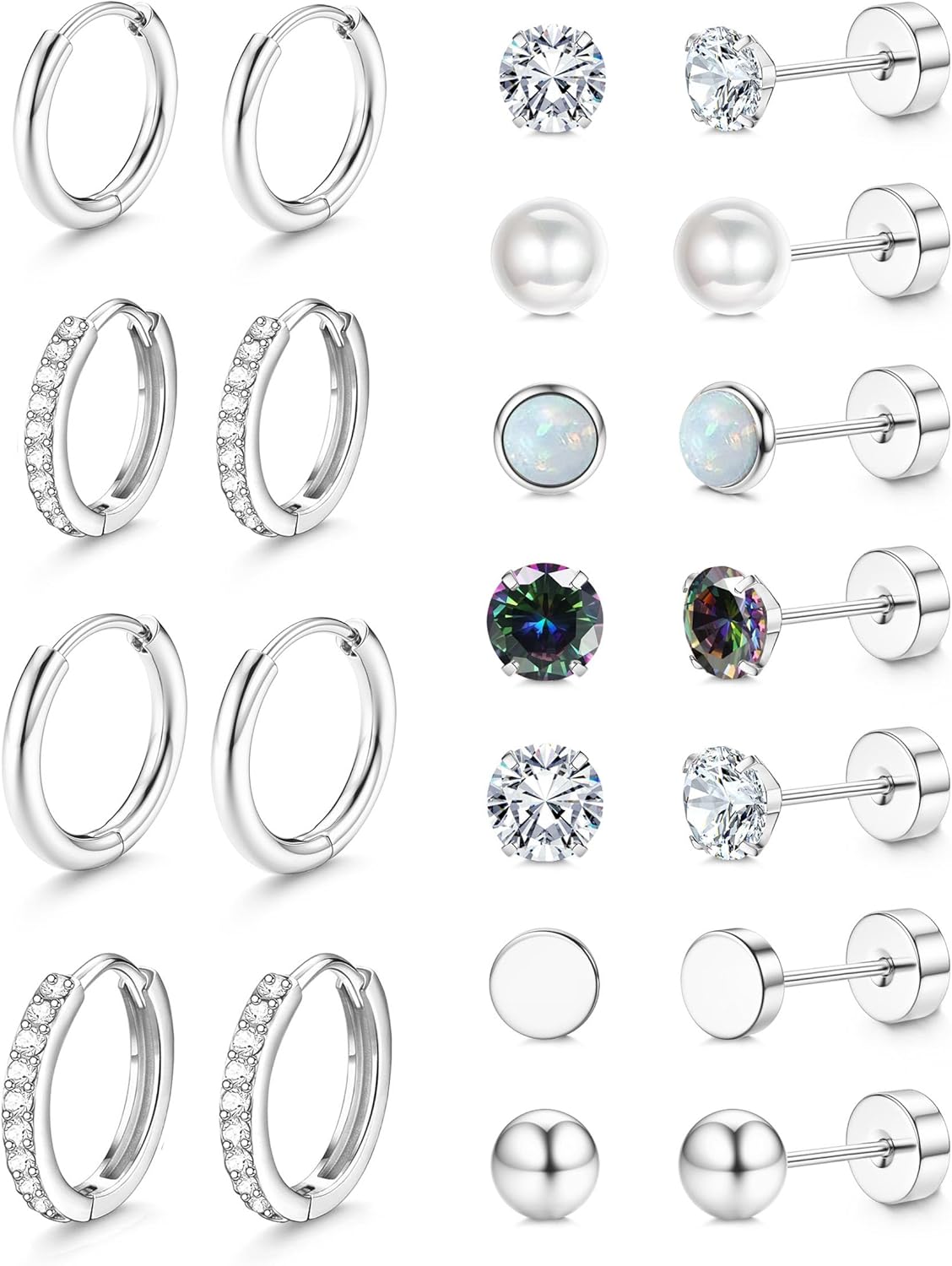 Jstyle Hypoallergenic Stud Hoop Earrings for Women Small Flat Back Surgical Stainless Steel Earrings for Sensitive Ears Trendy Silver Hoops Cartilage Earring Stacks Set Multiple Piercing Jewelry Gifts