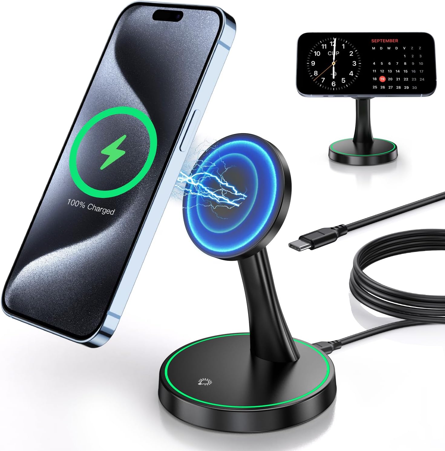 Magnetic Wireless Charger Stand 15W Fast Mag-Safe Charger for iPhone 17\/17 pro\/ 17 Air\/ 17 pro max 16\/15\/14\/13\/12 Series Magnet Wireless Charging Station\/Pad with Sleep-Friendly Light for AirP