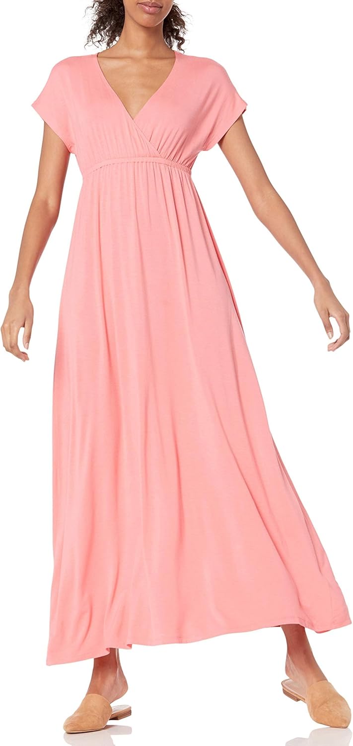 Amazon Essentials Women's V Neck Short Sleeve Waisted Maxi Dress (Available in Plus Size)