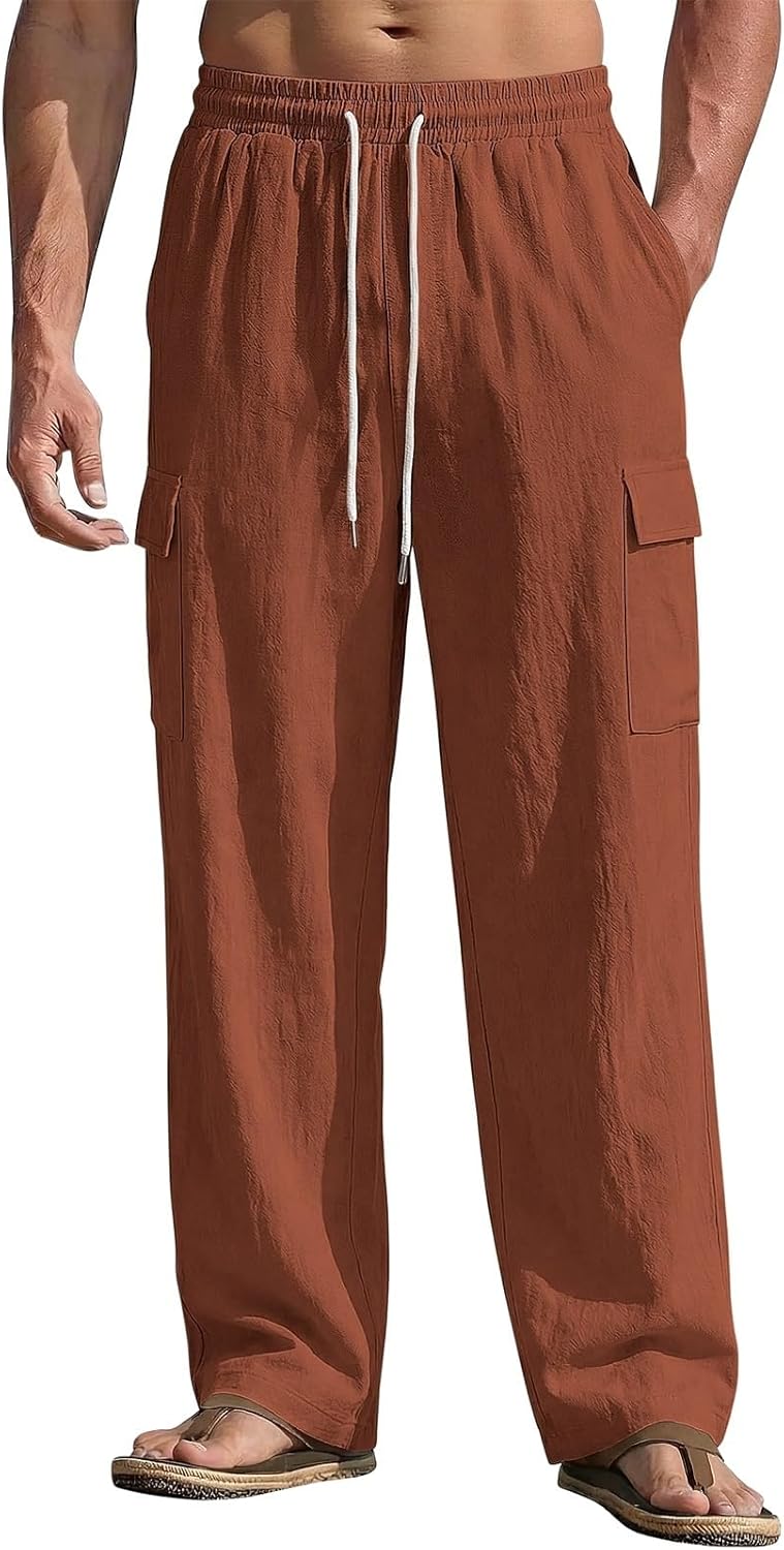 TAFLE Men's Linen Pants Casual Summer Beach Pants Lightweight Elastic Waist Drawstring Cargo Yoga Trousers with Pockets