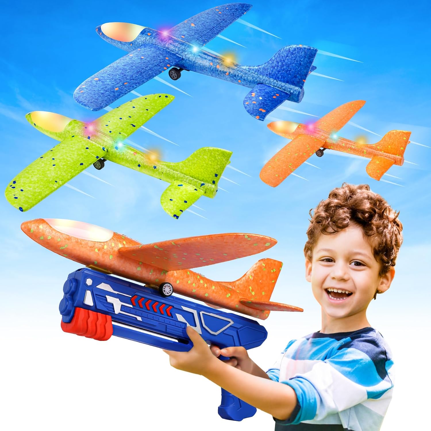 Fuwidvia 3 Pack Airplane Launcher Toys, 13.2'' LED Foam Glider Plane Toy for Boys, 2 Flight Modes Outdoor Flying Toys Birthday Gifts for Boys Girls 4 5 6 7 8 9 10 11 12 Year Old (Blue&amp;Gree