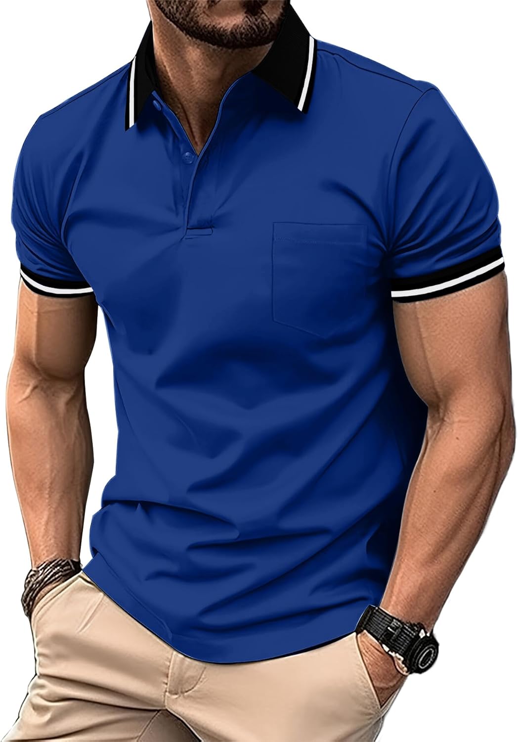 ZITY Mens Polo Shirts Casual Short Sleeve Athletic T-Shirts Classic Contrast Collar Shirt with Pocket