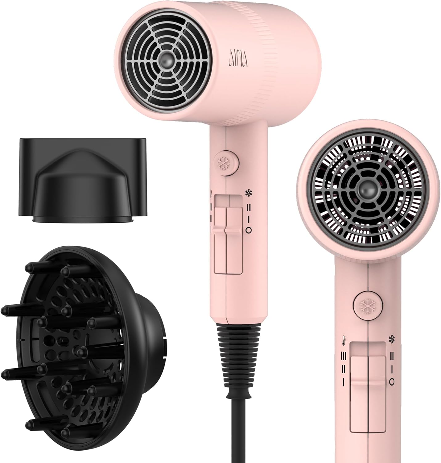 AINA Hair Dryer with Diffuser, Blow Dryer for Women | Advanced Ionic Technology, Ceramic Coating | Cold Shot Features Turbo Heat for Fast Drying and Shine 110V\/ALCI (Babe Pink)