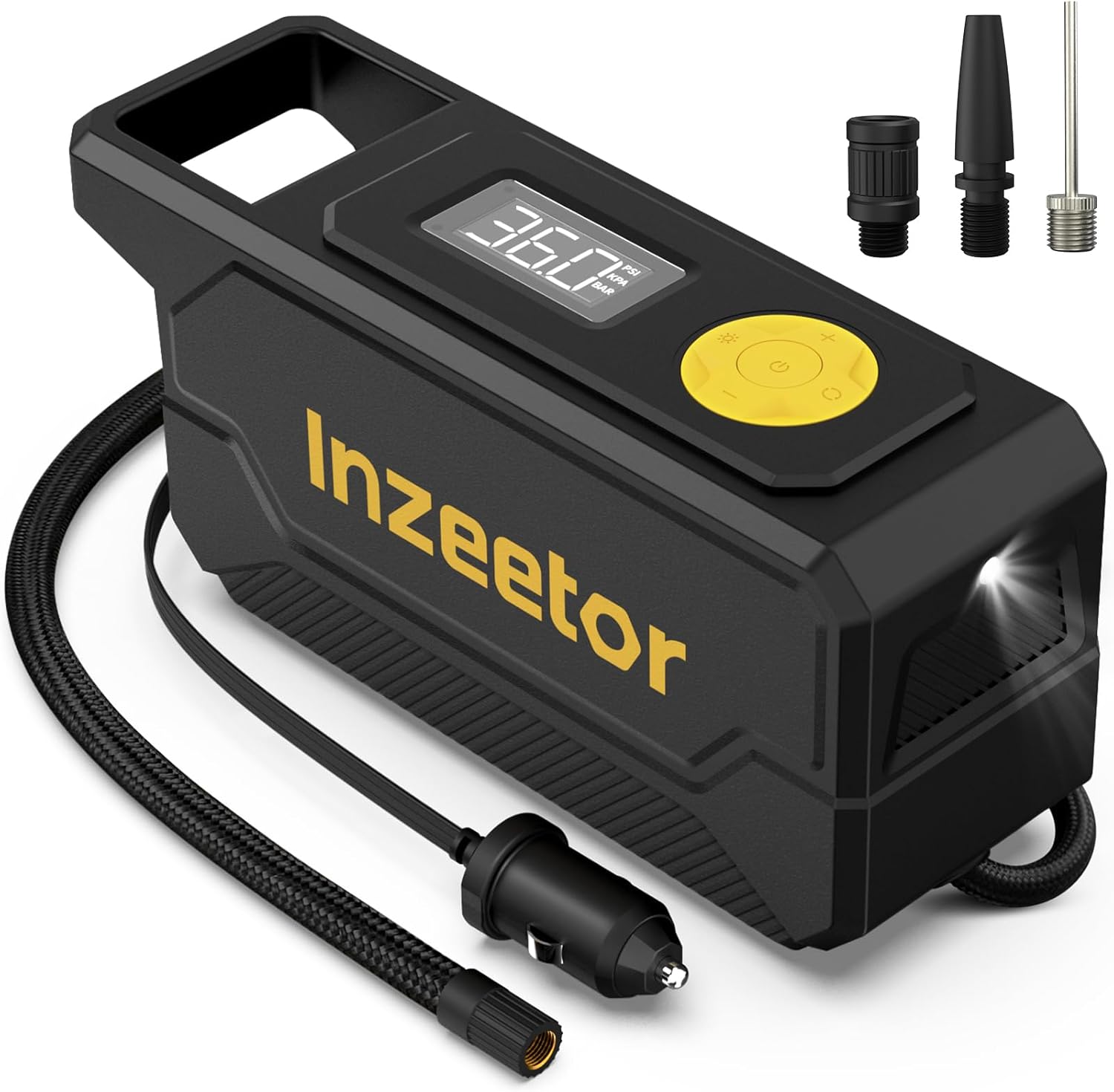 Inzeetor 150 PSI Tire Inflator Portable Air Compressor, 12V DC Auto Shutoff Air Pump with Digital Pressure Gauge and Emergency LED Light for Car Tires, Bicycle &amp; Balloons, Black