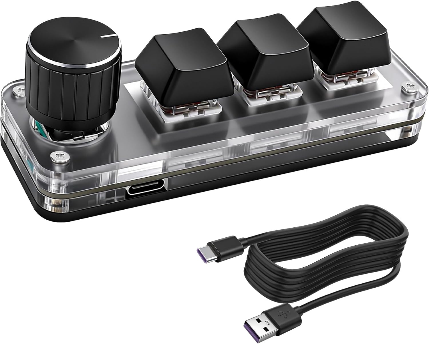 XMSJSIY Mini 3 Key Keypad Mechanical Keyboard One Handed Hot Key with 1 Knob DIY Programmable Macro Customized Program with RGB led for Office Gaming Media Supplies -1 PCS