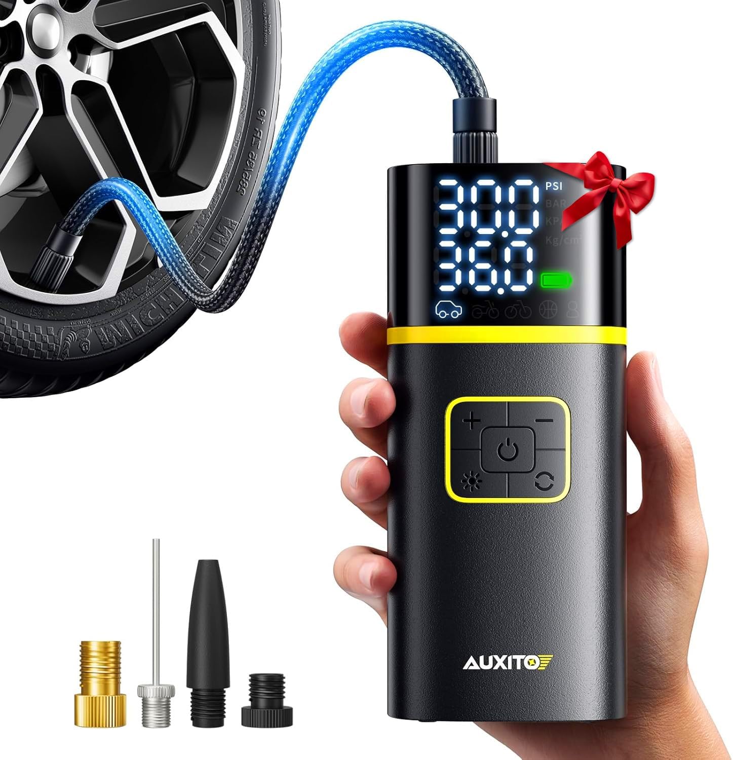 AUXITO AS1 Tire Inflator Portable Air Compressor - 150PSI Bike Pump 1Min Fast Inflate with Tire Pressure Gauge, 5200 mAh, LED Light, Car Accessories Air Pump for Auto, Moto, Bike Car Gifts for Men