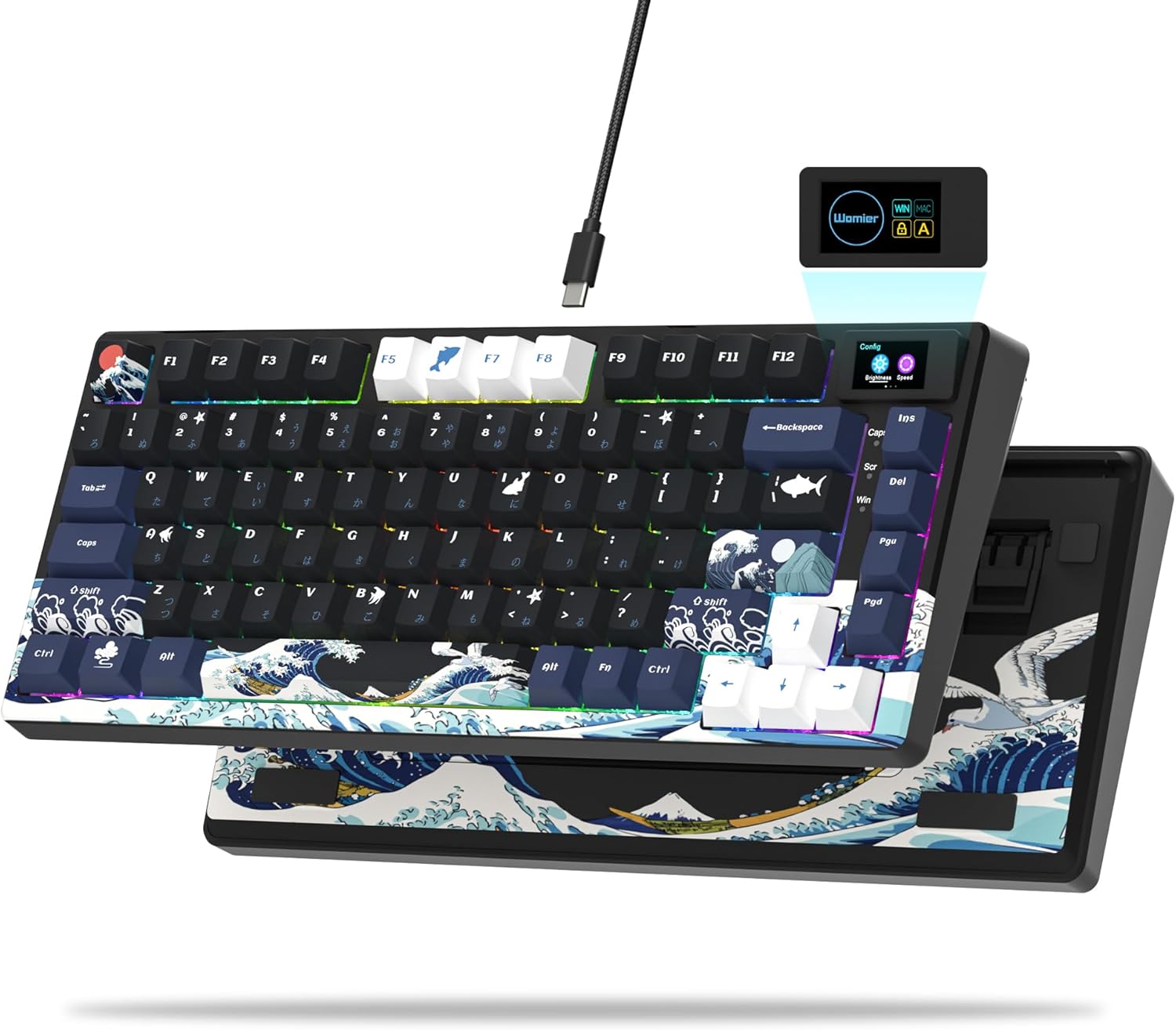 Womier SK80 75% Keyboard with Color Multimedia Display Mechanical Gaming Keyboard Creamy Sound, Wired Hot Swappable Gasket Mount RGB Custom Key Board, Pre-lubed Stabilizer for Mac\/Win, Black Kanagawa