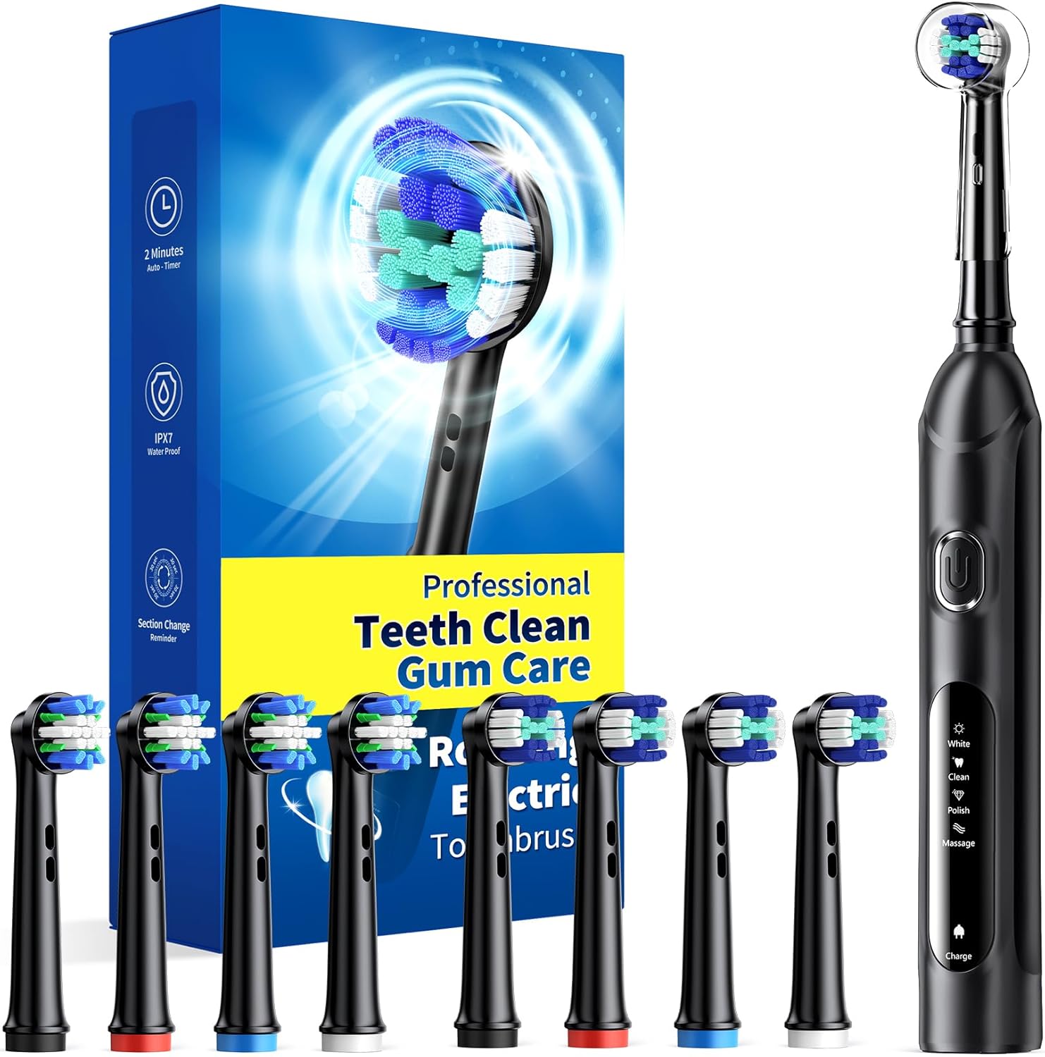 TEETHEORY Rotating Electric Toothbrush for Adults with 8 Brush Heads (2 Types), 4 Modes Deep Clean Electric Toothbrush with Rechargeable Power and 2 Min Smart Timer (1- Black, p1)