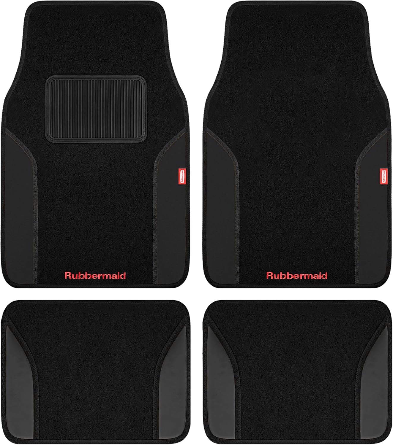 Rubbermaid Car Mats, Carpeted Floor Car Mat with Faux Leather &amp; Built-in Heel Pad, Two-Tone Car Rug Floor Mats, Stylish Carpeted Floor Mats for Cars, Trucks &amp; SUVs Black Color