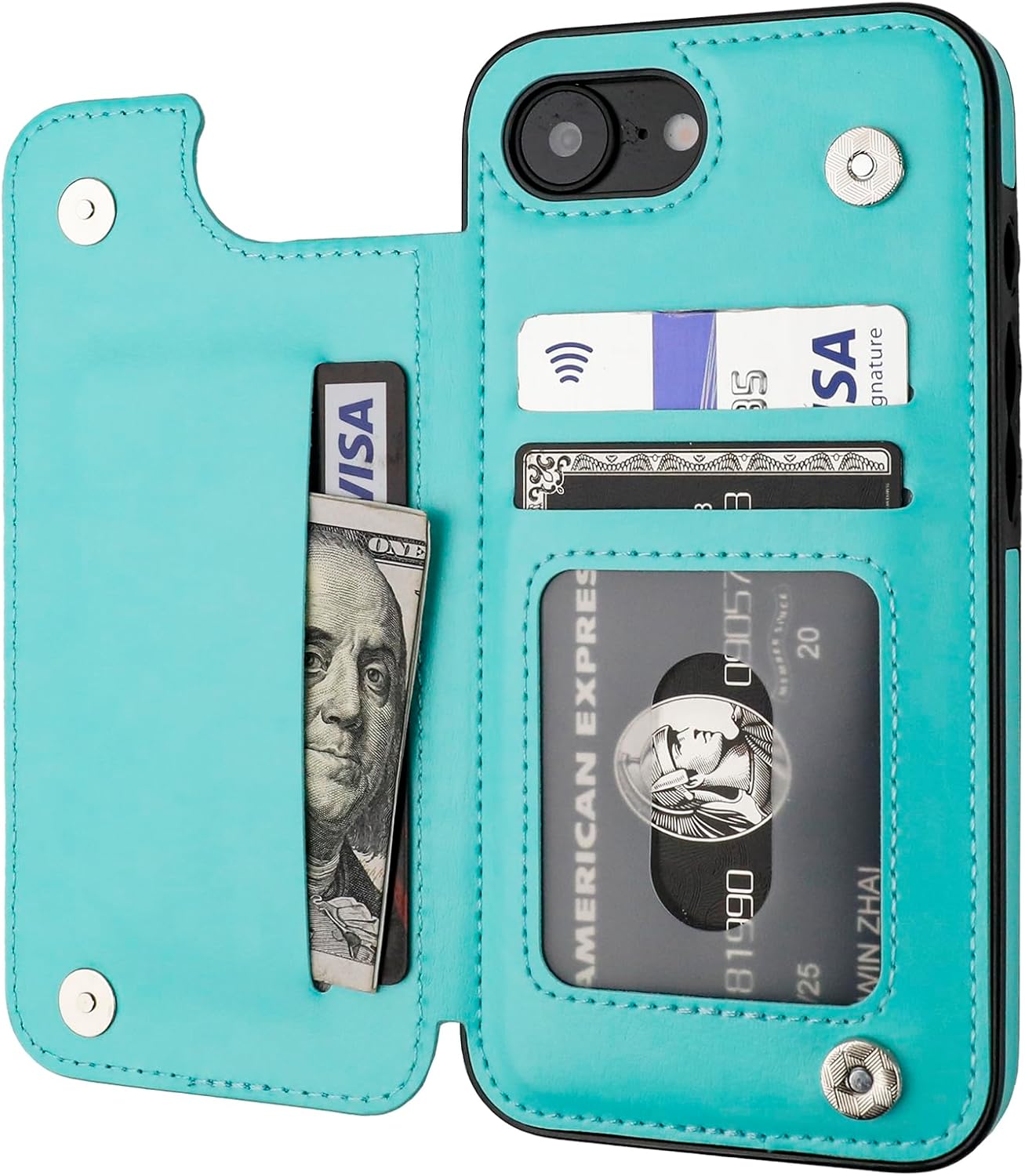 ONETOP Compatible with iPhone 17e\/16e Wallet Case with Card Holder, PU Leather Kickstand Card Slots Case, Double Magnetic Clasp and Durable Shockproof Cover 6.1 Inch (Light Blue)