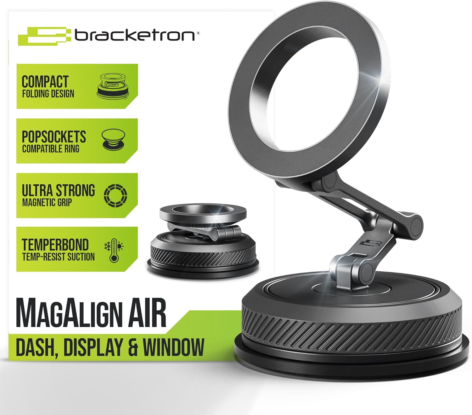 Bracketron MagAlign AIR Magnetic Suction Cup Car Phone Mount \u2013 3-in-1 Dash, Window &amp; Display Mount with Ultra Strong Magnets, MagSafe Phone Holders for Your Car for iPhone 17 16 15 14 13 12