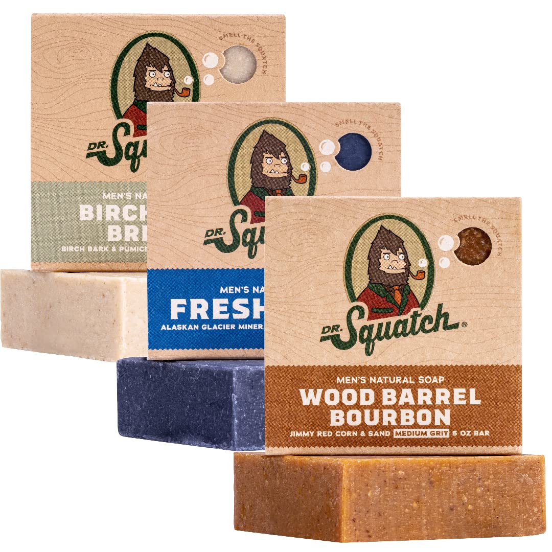 Dr. Squatch Natural Men\u2019s Bar Soap - Cold Process Body Soap Bar with Natural Oils - Gifts for Men - Birchwood Breeze, Fresh Falls &amp; Wood Barrel Bourbon (5 oz, 3-Pack)