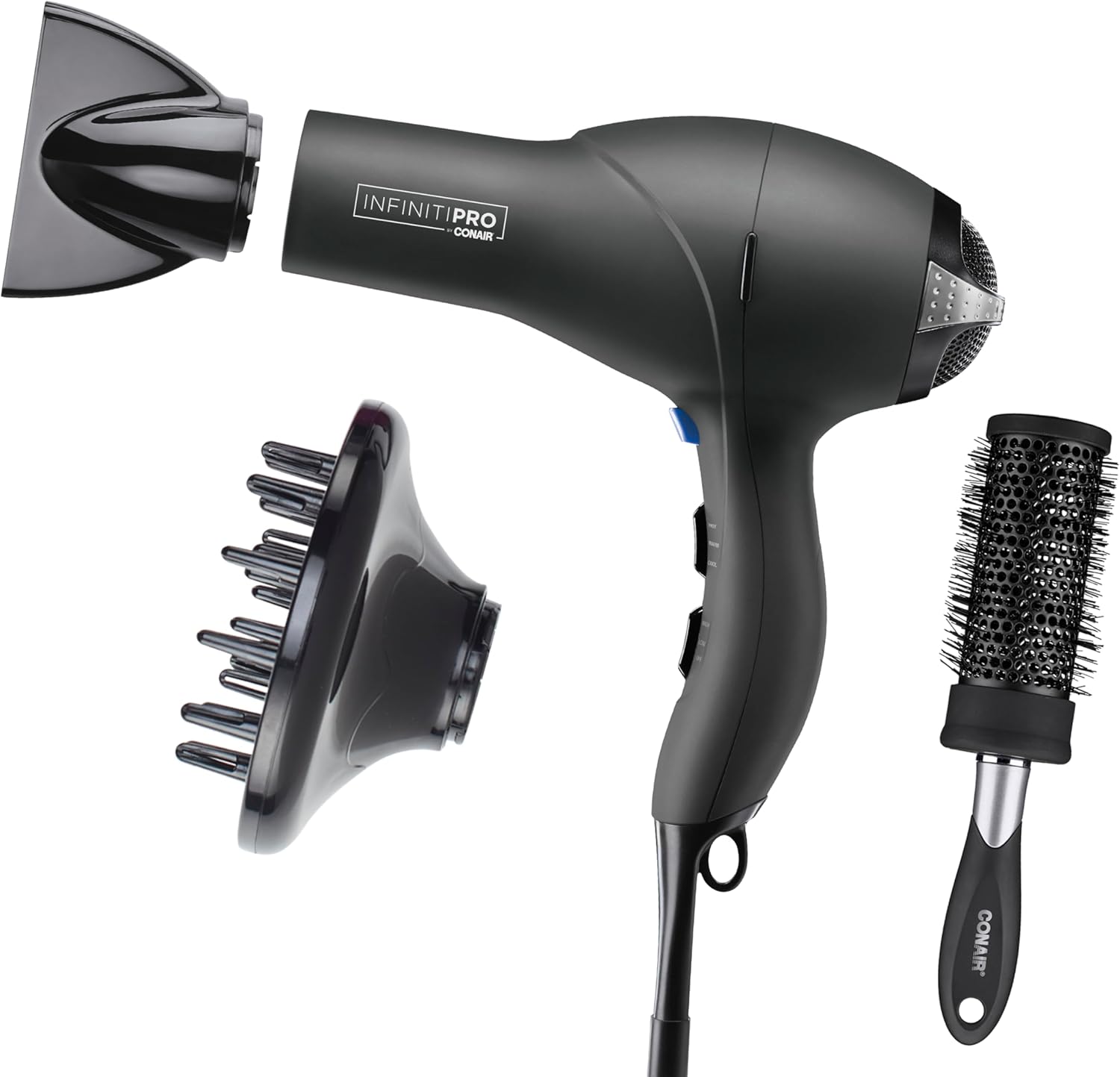 Infiniti PRO CONAIR Hair Dryer with Diffuser, Professional AC Motor, Tourmaline Ceramic Technology Blow Dryer, Includes Concentrator and Blowout Brush, Amazon Exclusive, Gray