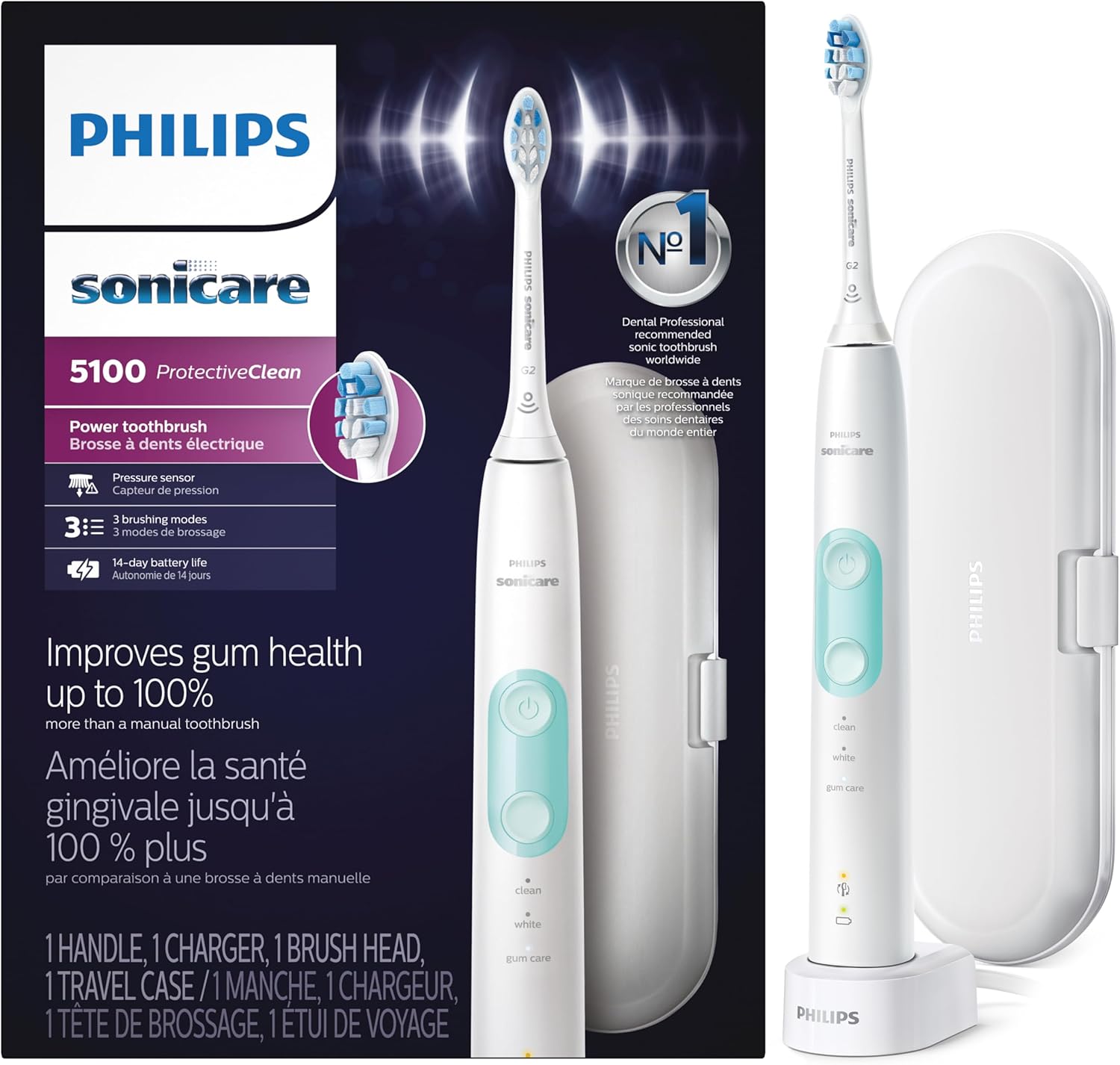 Philips Sonicare ProtectiveClean 5100 Rechargeable Electric Toothbrush, with Pressure Sensor, 3 Cleaning Modes, SmarTimer and QuadPacer, 14-Day Battery Life, Travel Case, White, Model HX6857\/11