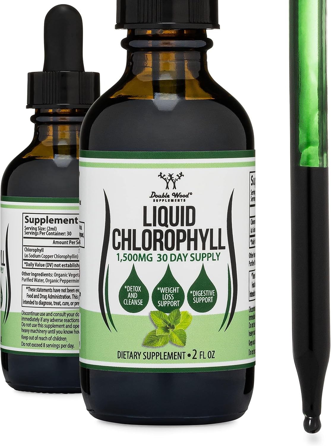 Chlorophyll Liquid Drops - for Digestion, Gut Health, Energy and Detox - Vegan Safe (Rich, Full Texture and Taste, Not Watered Down), 2oz Peppermint Flavored, by Double Wood