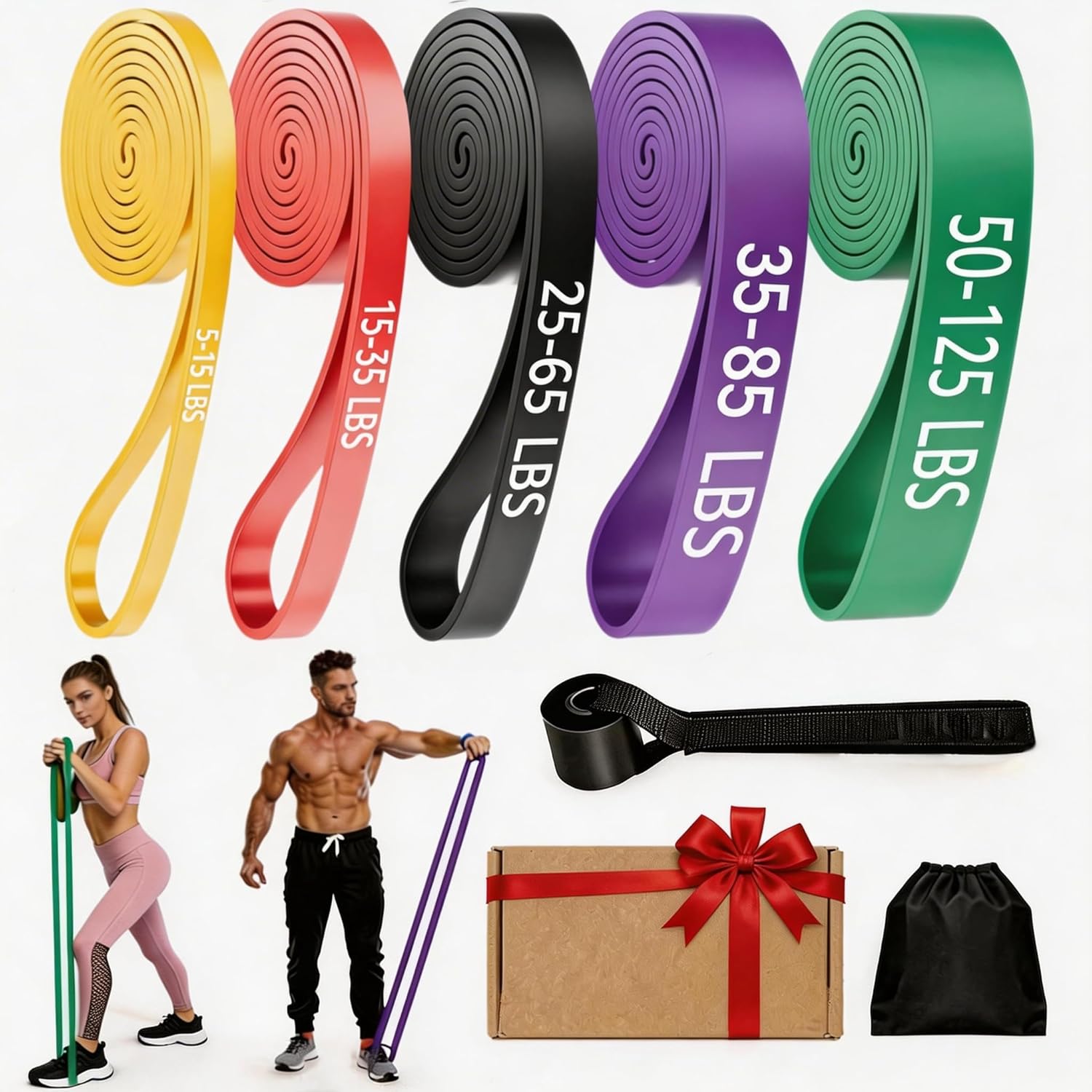 Resistance Bands, 5 Levels Exercise Bands for Men Women, Upgraded Tear Resistant Workout Band with Door Anchor, Pull Up Assistance Band for Working Out,Body Stretching,Physical Therapy,Muscle Training