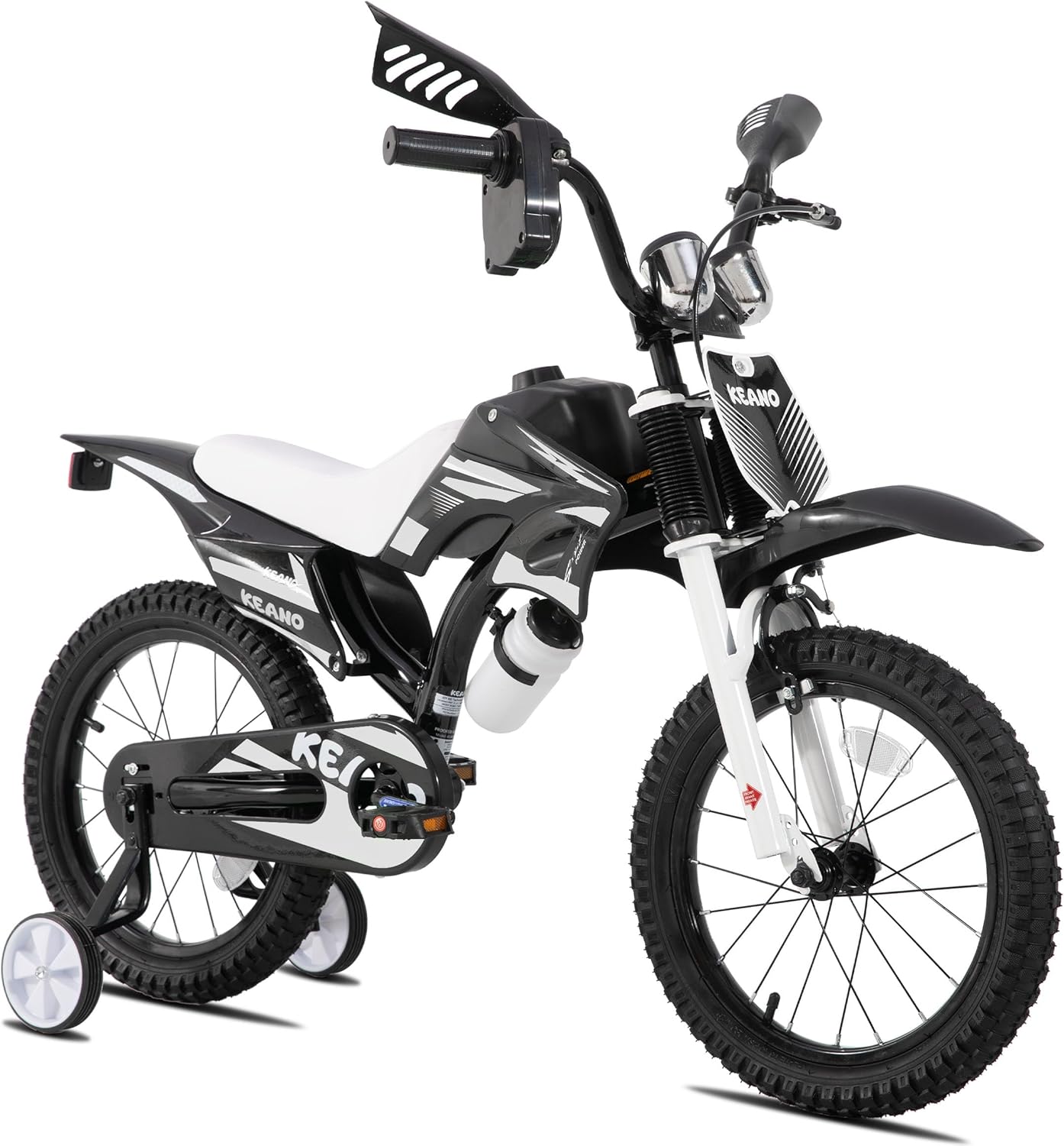 KEANO Motocross Style Kids Bike for Boys Girls Ages 3-7 Years, 12 &amp; 16 Inch Bikes with Training Wheels and Number Plate, Children Bicycles Black