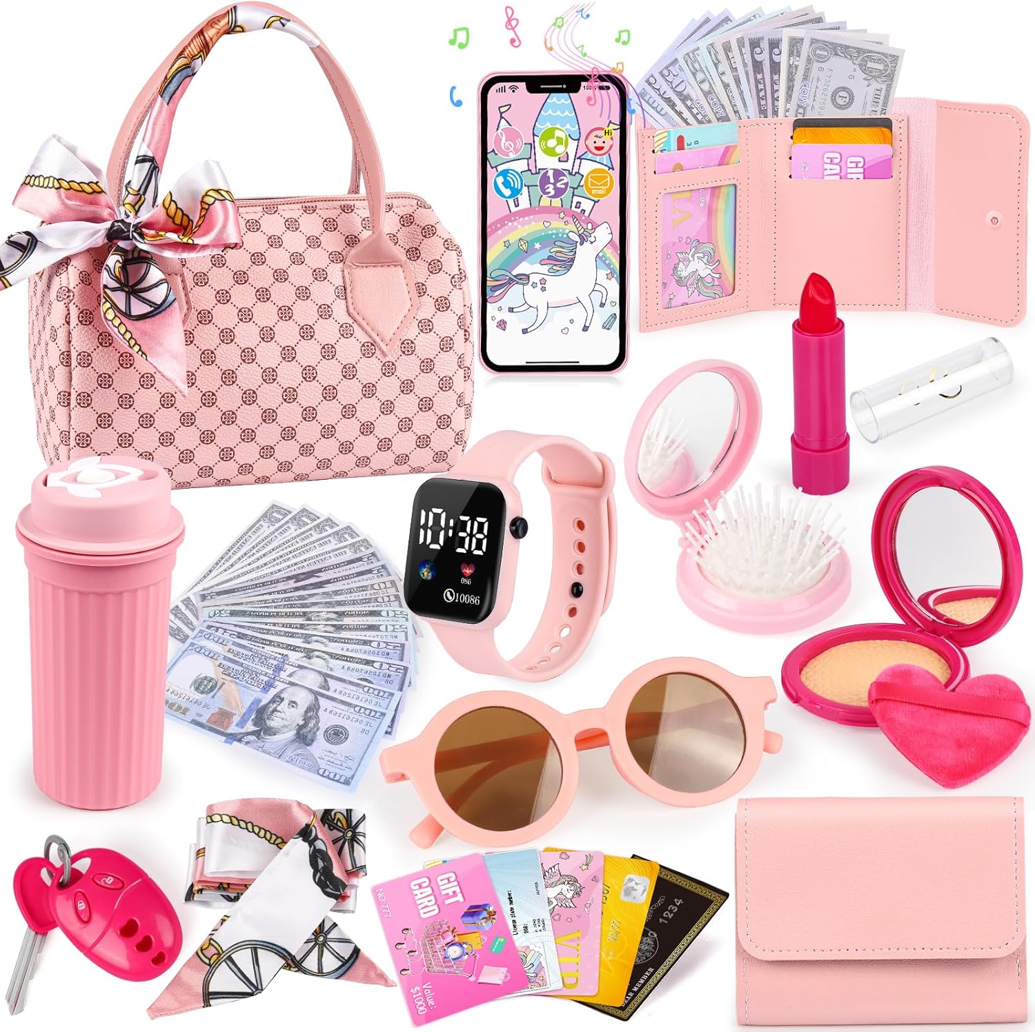 Oisacirg Play Purse for Little Girls, 32PCS Toddler Purse with Pretend Makeup for Kids, Princess Toys Includes Handbag, Phone, Wristwatch, Silk Scarf Kids Toy Purse Birthday Gift for Girls 3 4 5 6 +