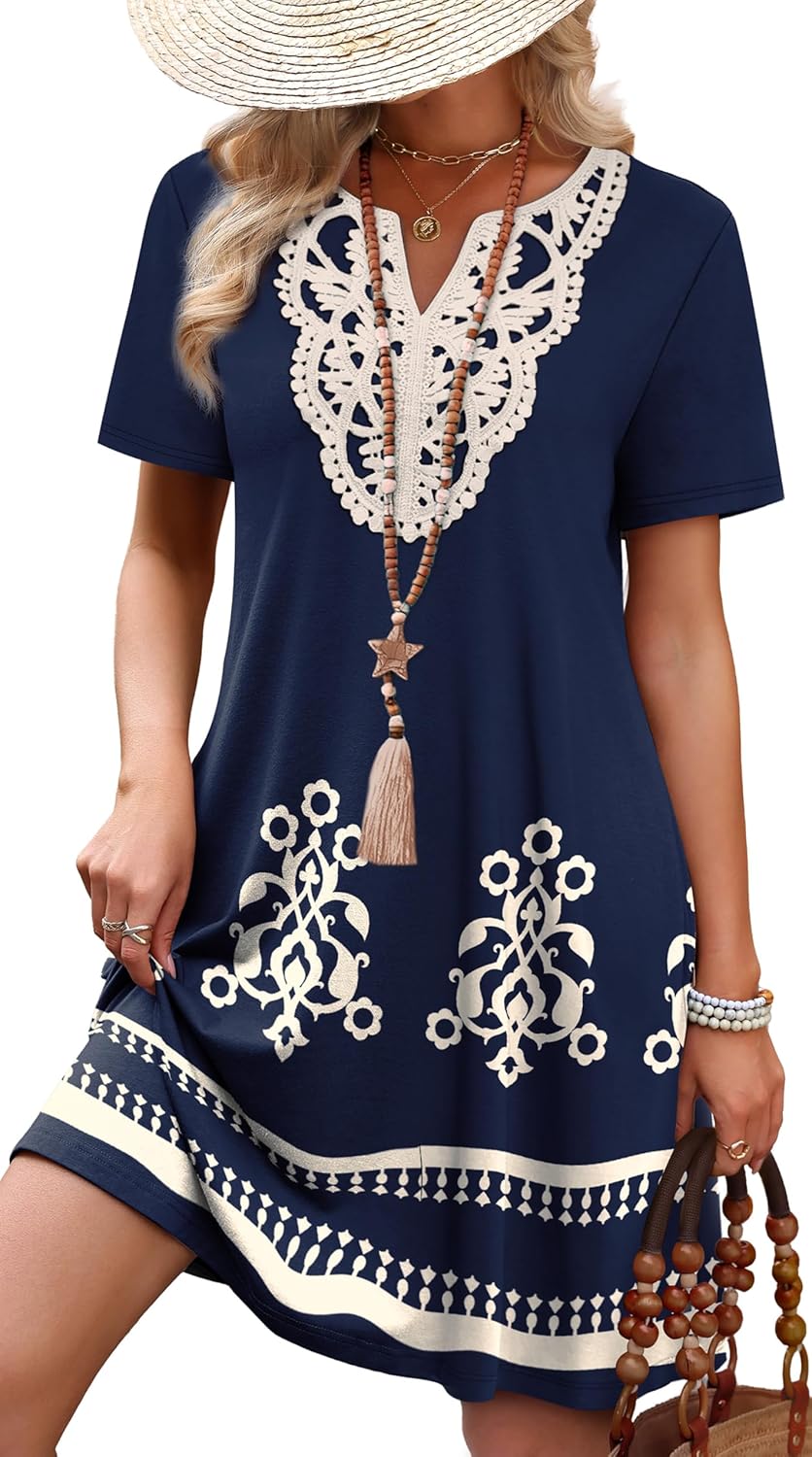 WIHOLL Summer Dresses for Women Casual Tshirt Boho Dress Wedding Guest Dresses Short Sleeve Fashion Beach Vacation Clothes