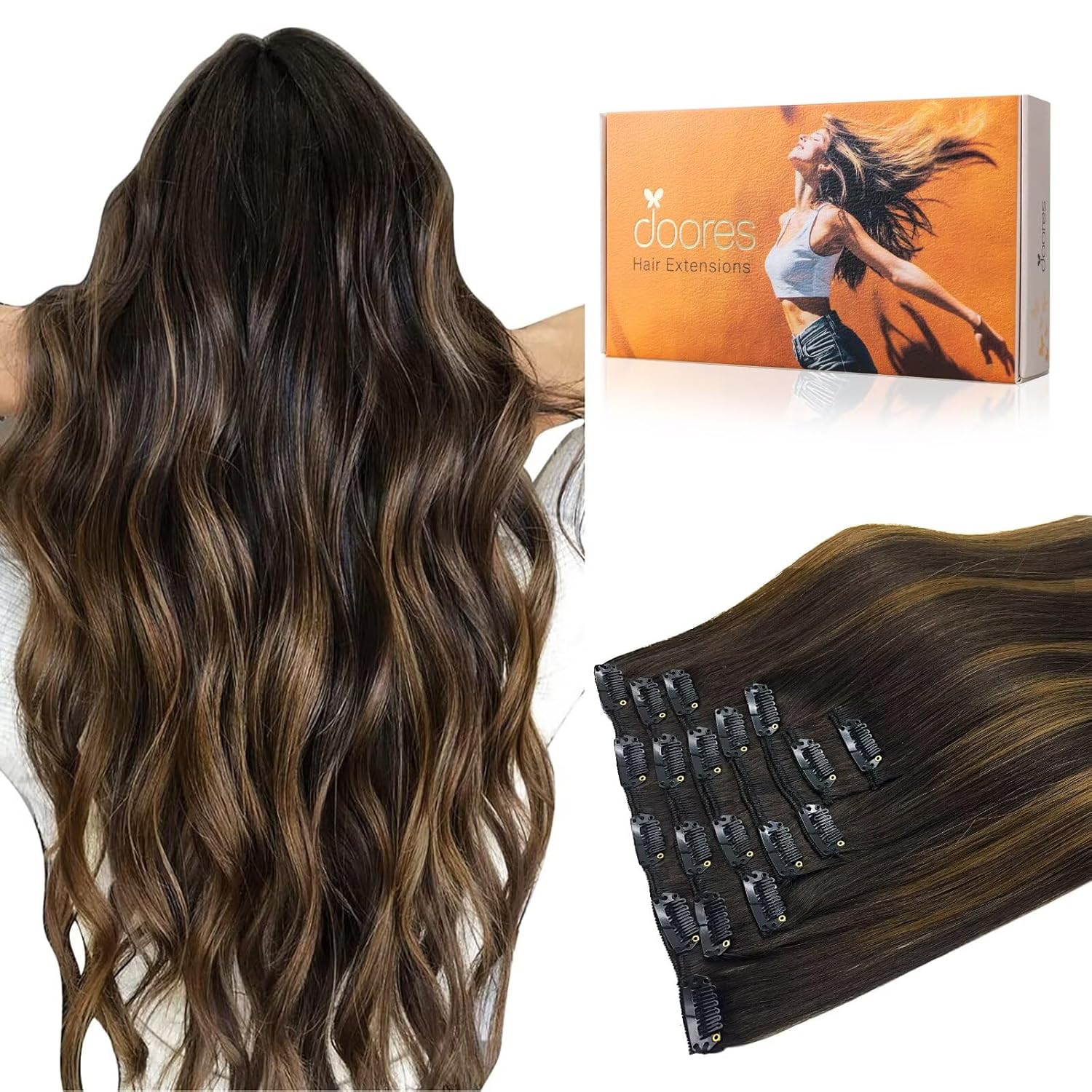 DOORES Clip in Hair Extensions Human Hair Extensions, Balayage Dark Brown to Chestnut Brown 120g 7pcs 18 Inch Real Human Hair Extensions Clip in Straight Remy Silky Weft