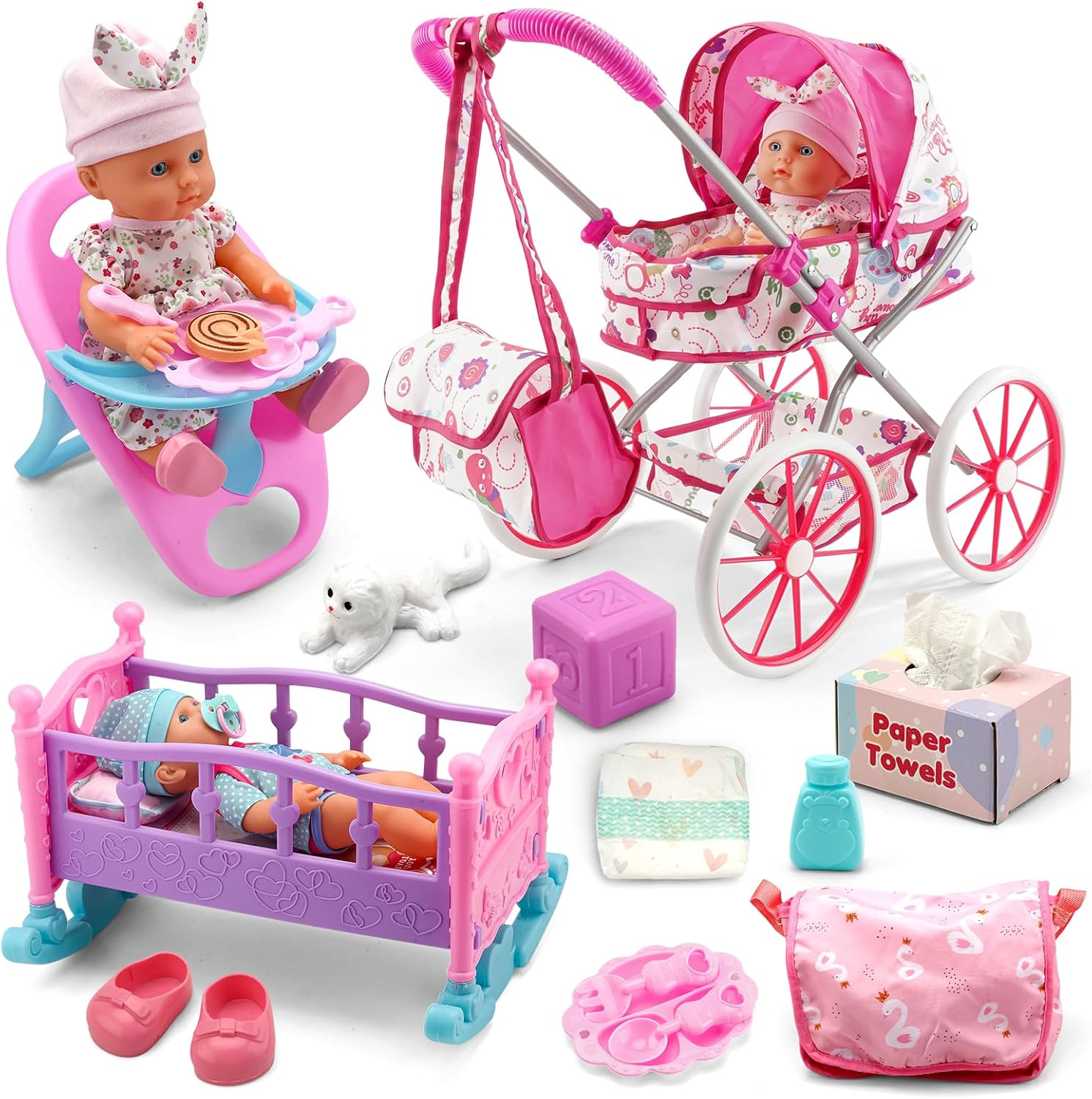 Baby Doll Stroller Toys Set W\/ 13'' Baby Doll, Doll's Bed, Dining Chair, 26 PCS Doll Accessories &amp; 2 Set Clothes, Baby Stroller Toys for 3 4 5 Year Old Girl Birthday Gift, Pretend Pla
