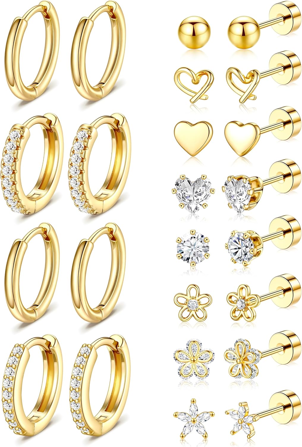 Hypoallergenic Gold Stud Earrings for Women - 14k Gold Plated Surgical Stainless Steel Flat back Earrings Set Small Huggie Hoop Flatback Earring for Sensitive Ears Screw Back Cartilage Piercing Jewelr