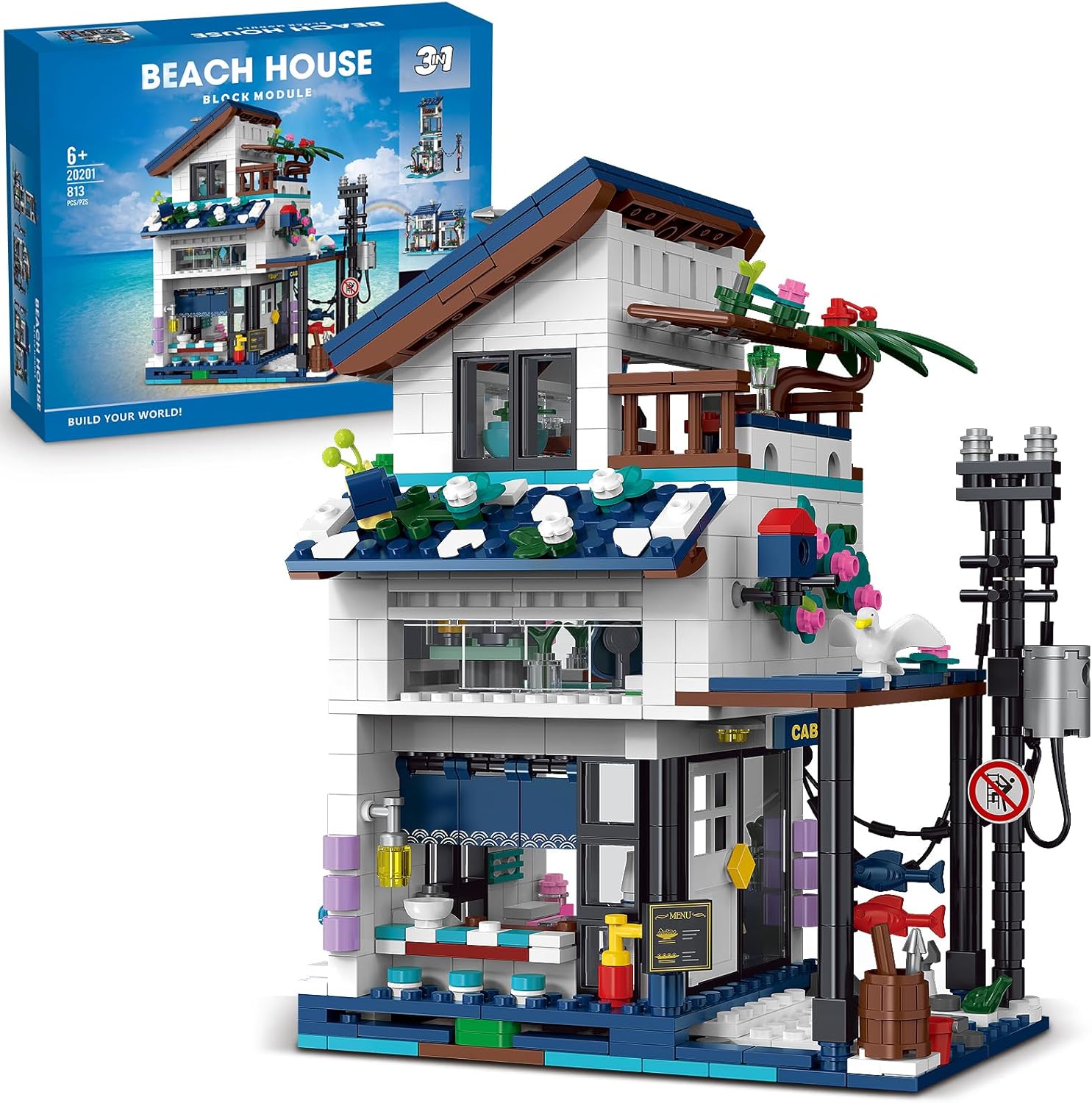 JIUTONG 3 in 1 City House Building Sets,Creative Modern House with Light,Seaside Beach Villa Japanese Style Cottage Friends Vacation Hut Building Blocks Toys for Kids Ages 6+