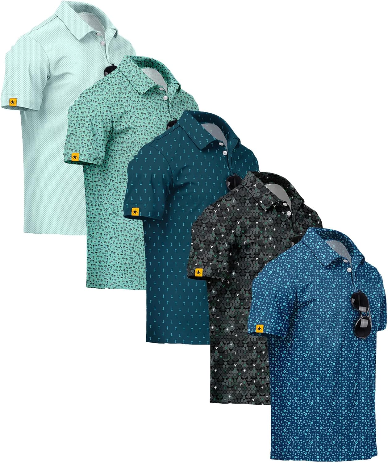 ZITY 5 Pack Mens Golf Shirt Short Sleeve UPF 50+ Moisture Wicking Performance Print Patterns Casual Golf Polo Shirts for Men