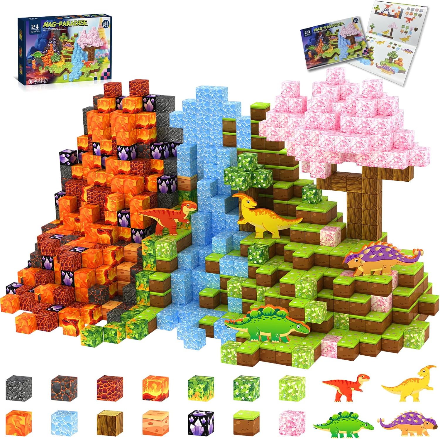 158PCS Magnetic Blocks- 1Inch Magnetic Cubes 3D Dinosaur World for Kids STEM Construction Toys - Learning Educational Magnetic Building Blocks for Boys &amp; Girls Ages 3 -12 Christmas Birthdays Gifts