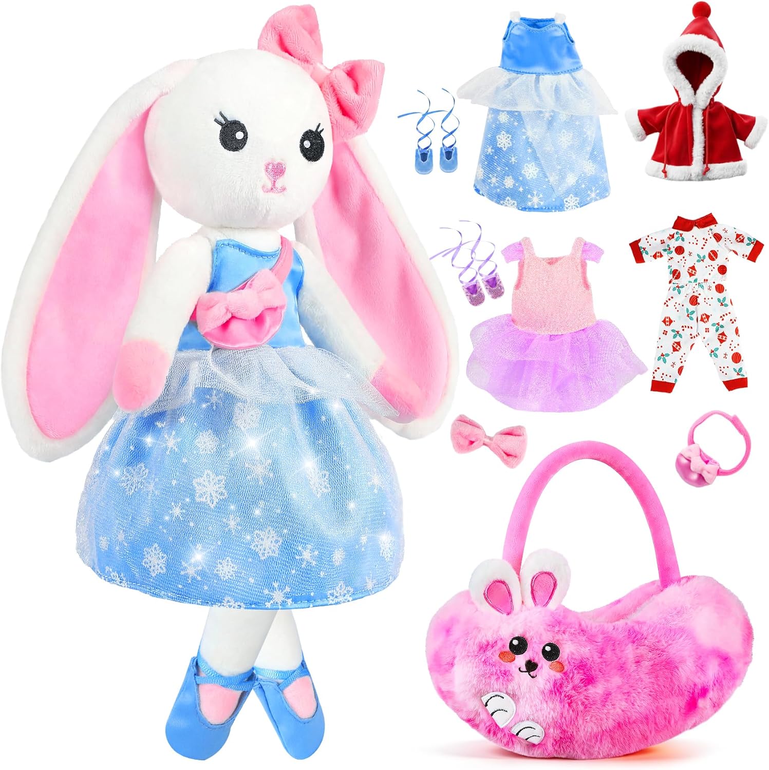 URMYWO Ballerina Doll Stuffed Animal Girl Toys Age 3-8, Rabbit Ballet Dress Up Doll Toys, Kids Pretend Play with 4 Set Clothes, Plush Bag, Plush Toys, 3 4 5 6 7 8 Year Old Girl Gifts