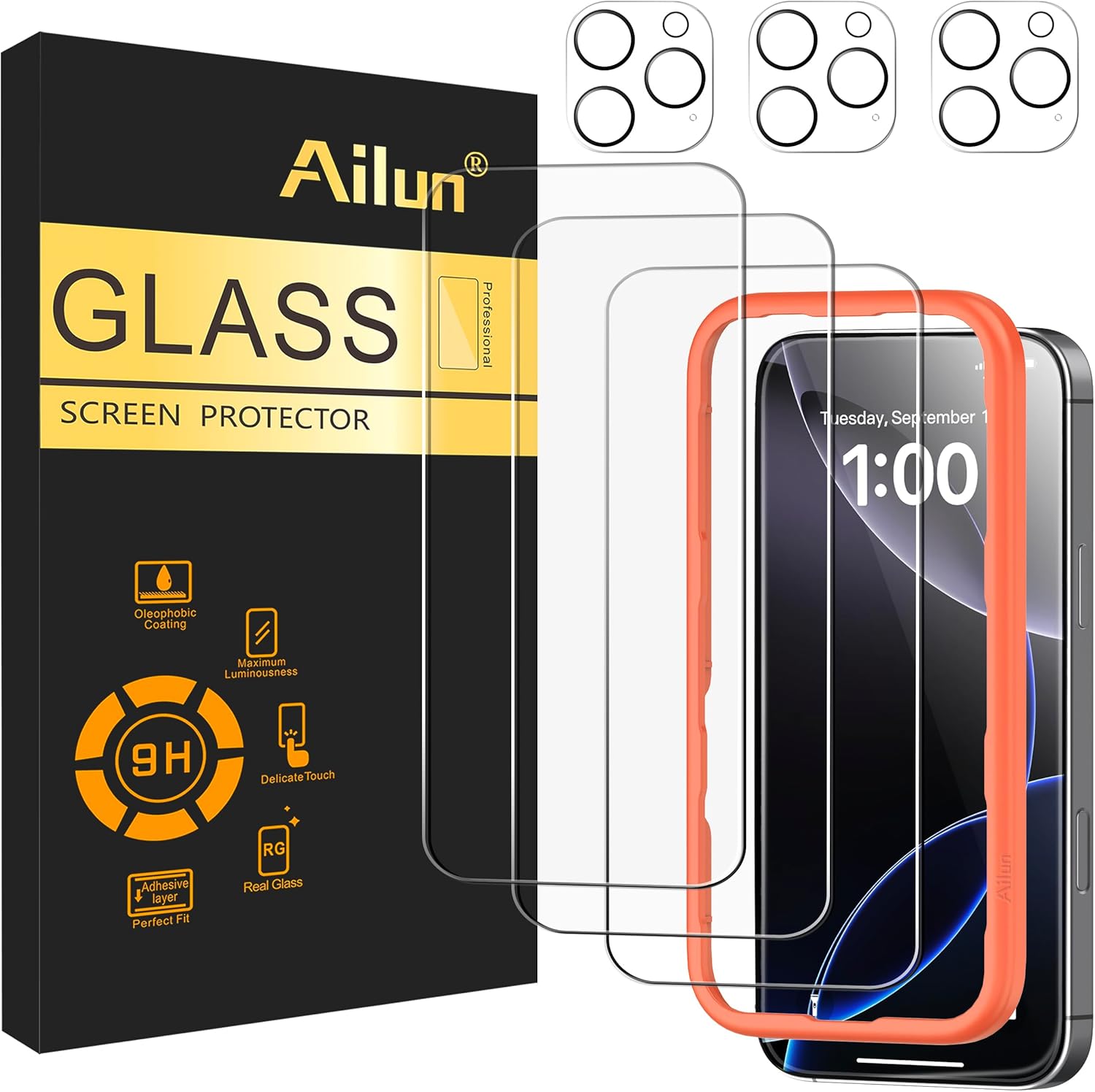 Ailun 3 Pack Screen Protector for iPhone 16 Pro Max [6.9 inch] + 3 Pack Camera Lens Protector with Installation Frame,Case Friendly Tempered Glass Film[9H Hardness][Not for iPhone 16e\/16\/16 Pro\/Plu