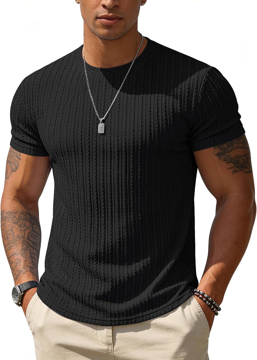 UOUA Mens T-Shirts Short Sleeve Sweatshirt Casual Crewneck Textured Knit Pullover Tee Tops