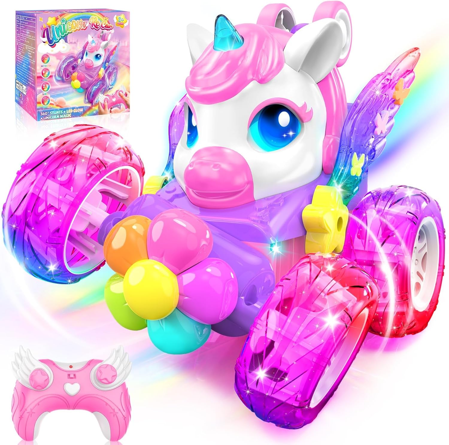 Unicorn RC Cars for Girl Toys with Glowling Crystal Wings &amp;Eyes Lights,360°Rotation Remote Control Car Unicorn Stunt Car Birthday Gifts Easter Basket Stuffers for 3 4 5 6 7 8 9 10 Year Old Girls